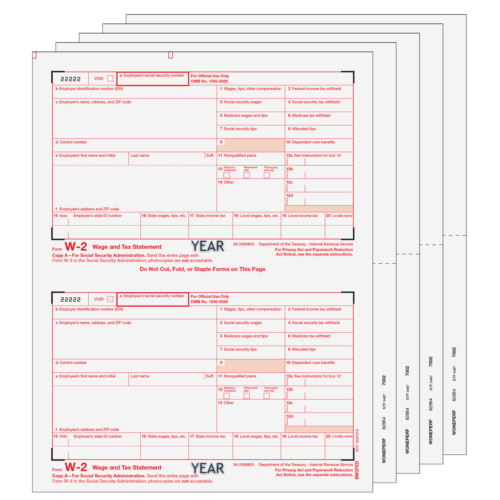 Traditional W-2 Form 8-part Set Blank Copies w/ Instructions