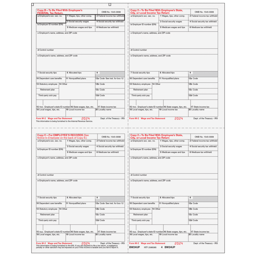Form W-2 4up Quadrant Condensed Copies: B/2/C/2