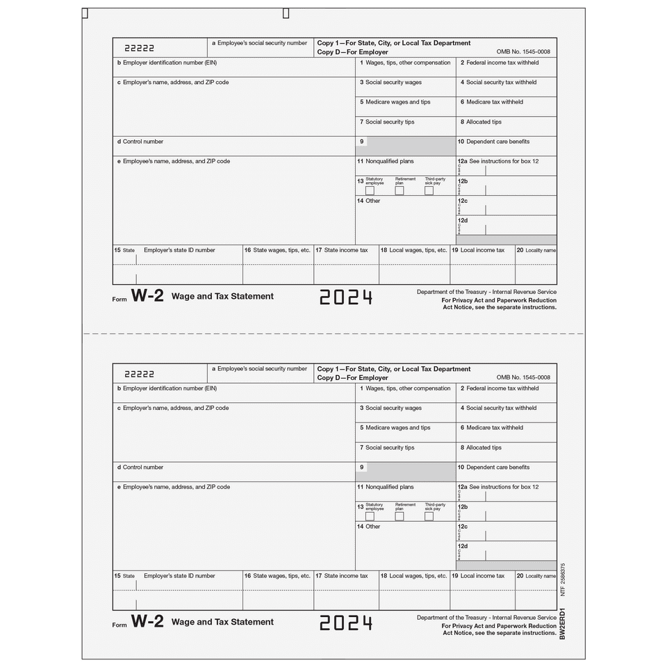 Form W-2 Copy 1/D Employer State, City or Local, and Record Copy