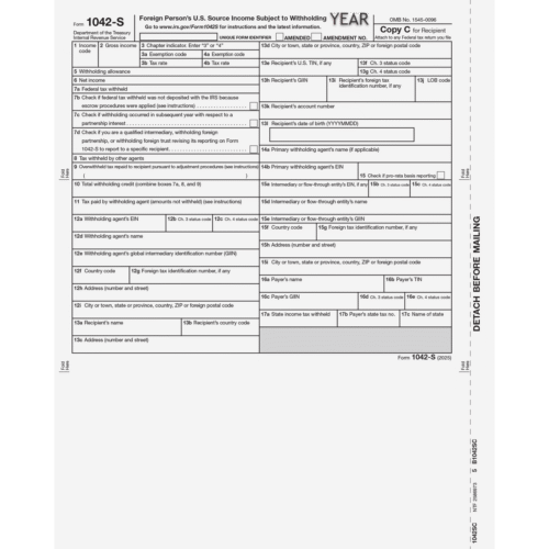 Form 1042-S Foreign Person's U.S. Source Income - Recipient Federal Copy C - Sku: 1042SC05