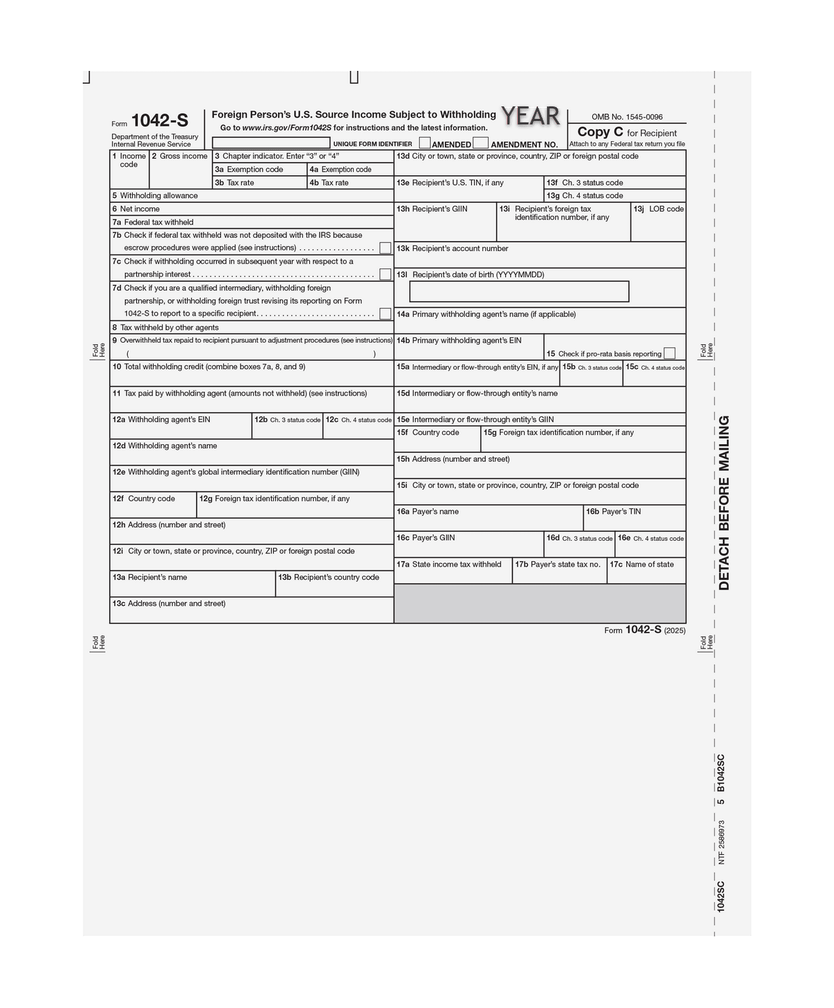 Form 1042-S Foreign Person's U.S. Source Income - Recipient Federal Copy C - Sku: 1042SC05 1 Form 1042-S Foreign Person's U.S. Source Income - Recipient Federal Copy C - Sku: 1042SC05