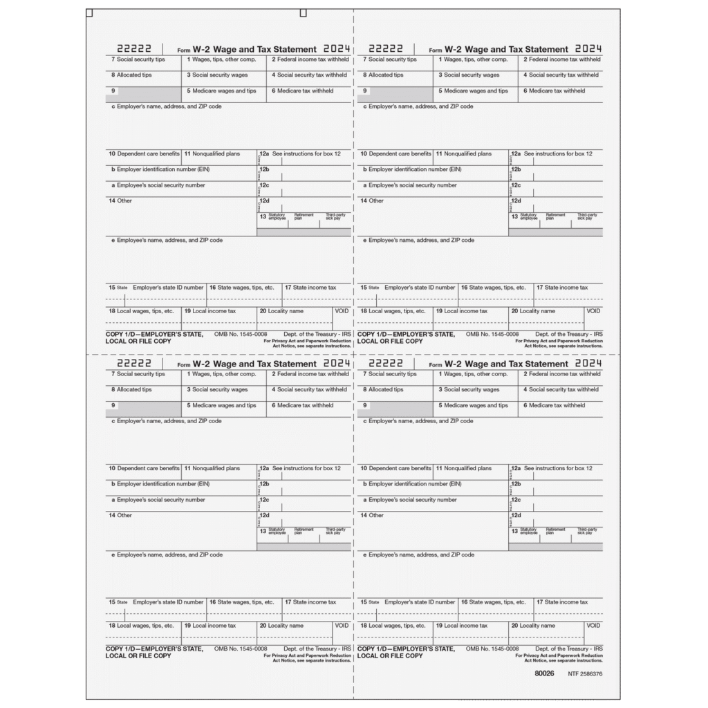 Form W-2 - Employer State/Local/File Copies 1/D - 4up Quadrants 1 Form W-2 - Employer State/Local/File Copies 1/D - 4up Quadrants
