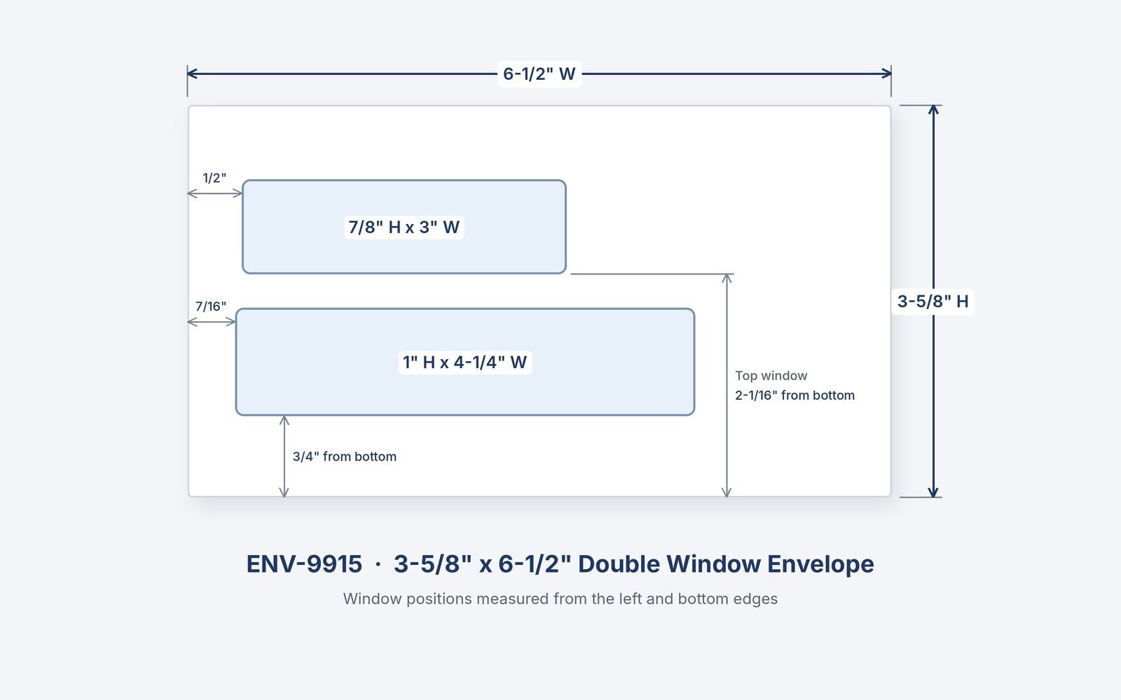 3-5/8" x 6-1/2" - Double Window Envelope - ENV-9915 1 ENV-9915 3-5/8" x 6-1/2" double window envelope with window sizes and positions
